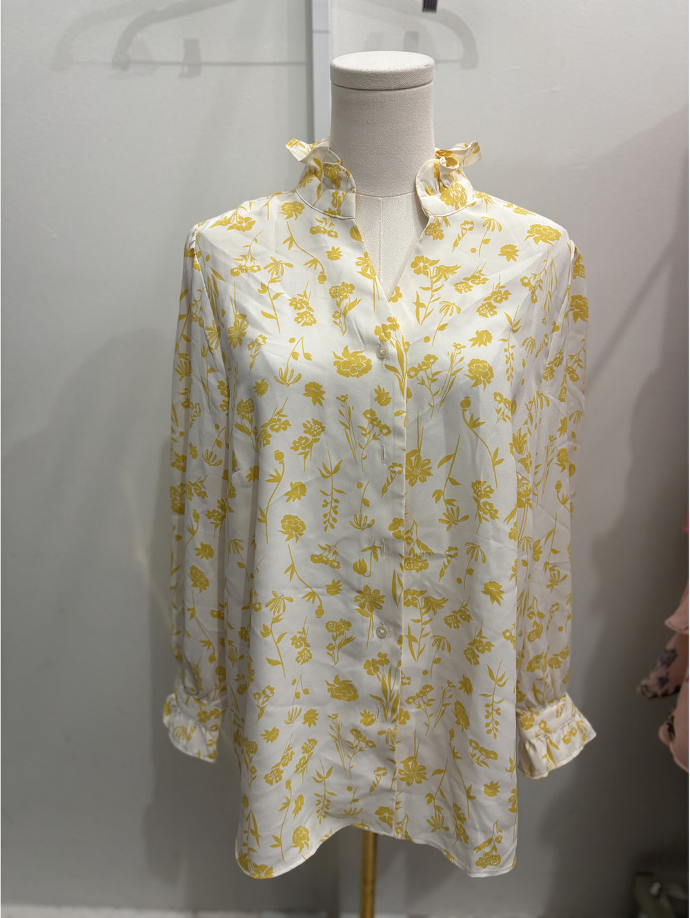 Ann Taylor Yellow Floral Print Ruffle Collar Blouse